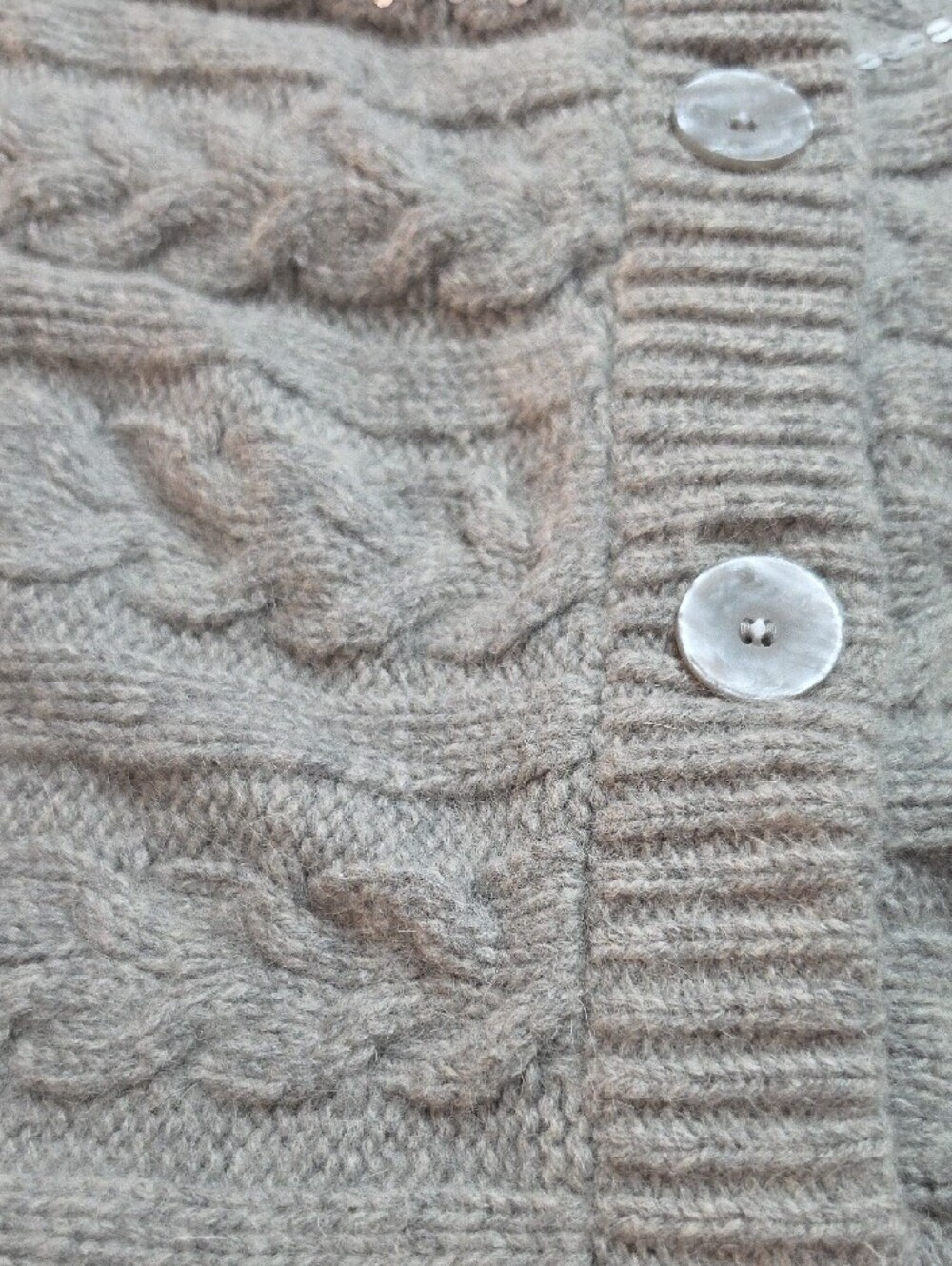 COLDWATER CREEK | Gray Taupe Wool Rabbit Hair Sequin Cable Knit Cardigan | XL - Picture 8 of 9